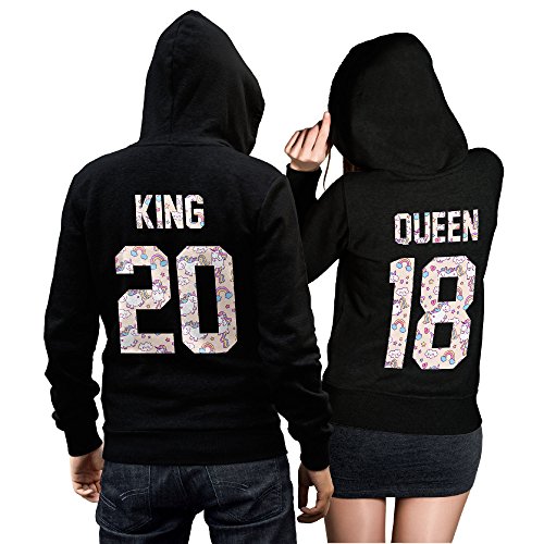 CVLR King Queen Pärchenpullover Set - Zwei Hoodies Pullover Pulli Liebe Love Pärchen Schwarz Einhorn (King Gr. XL + Queen Gr. S) von CVLR