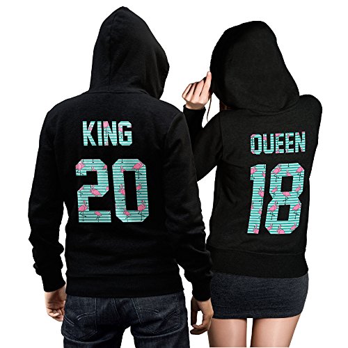 CVLR King Queen Pärchenpullover Set - Zwei Hoodies Pullover Pulli Liebe Love Pärchen Schwarz Flamingo (King Gr. L + Queen Gr. M) von CVLR