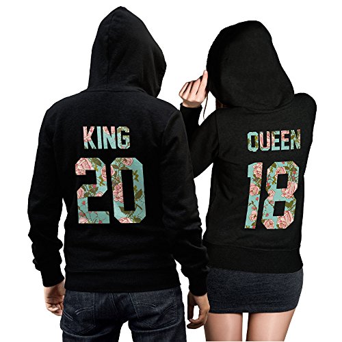 CVLR King Queen Pärchenpullover Set - Zwei Hoodies Pullover Pulli Liebe Love Pärchen Schwarz Red Roses (King Gr. L + Queen Gr. M) von CVLR