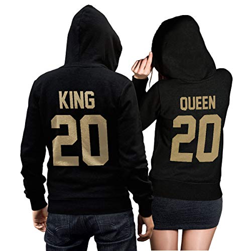 King Queen + Wunschnummer Set 2 Hoodies Pullover Pulli Liebe Love Pärchen Couple Schwarz/Gold (King L + Queen M) von CVLR