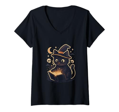 Damen Spooky Katze liest im Leseclub T-Shirt mit V-Ausschnitt Damen Spooky Katze liest im Leseclub T-Shirt mit V-Ausschnitt von CVMERCHMONSTER Cozy Horror