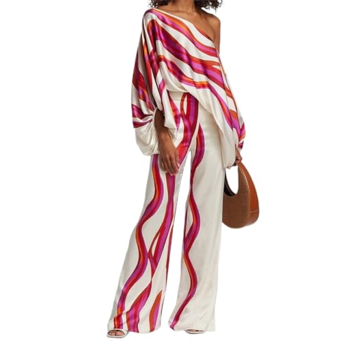 2-teiliges Damen-Set, lässig, schulterfrei, Oberteil mit langen Hosen, 2023, Frühlings-Commuting-Anzug, lockerer Druck, rosarot, 42 von CVZQTE