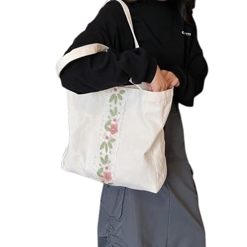 CVZQTE Canvas-Tasche mit bestickten Blumen, Unterarm-Umhängetasche für Damen, große Kapazität, Handtasche, Geldbörse für Reisen und Freizeit von CVZQTE