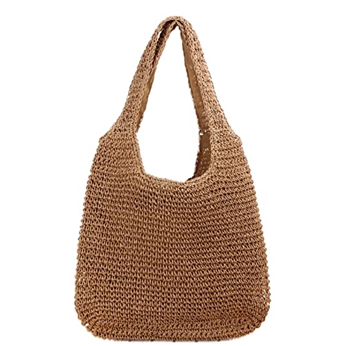 CVZQTE Einfache handgewebte weiche große Stroh-Umhängetasche mit Strohgriff, Retro-Stil, Sommer-Strandtasche für Damen, lässige Rattan-Handtasche von CVZQTE