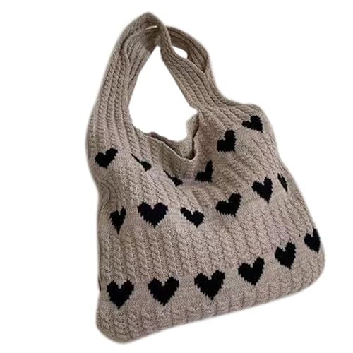 CVZQTE Modische Handtasche, Freizeittasche, Tragetasche, Umhängetasche für Damen und Mädchen, vielseitige Taschen mit gestrickten Herzen, große Kapazität, Häkeltasche von CVZQTE