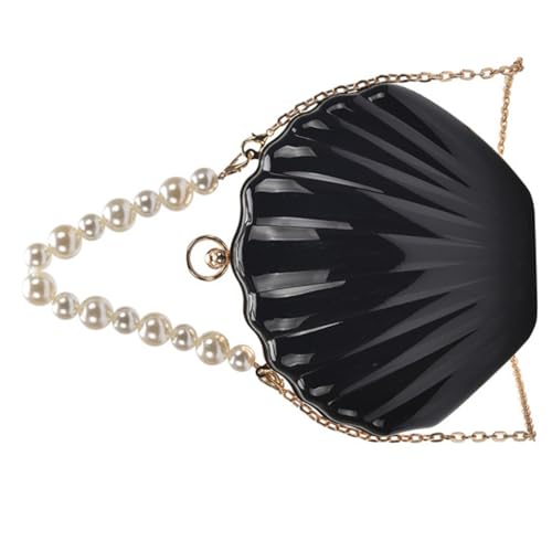 CVZQTE Muscheltasche mit Perlengriff, Clutches für Hochzeit, Party, Damen, Mädchen, Abendtasche mit Kette, Geldbörse, Frauen-Handtasche, Schwarz von CVZQTE