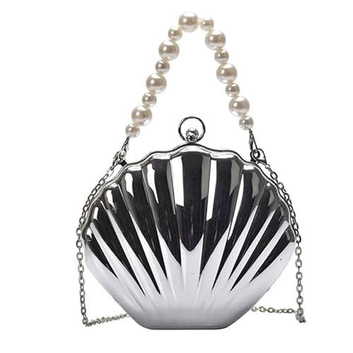 CVZQTE Muscheltasche mit Perlengriff, Clutches für Hochzeit, Party, Damen, Mädchen, Abendtasche mit Kette, Geldbörse, Frauen-Handtasche, silber von CVZQTE