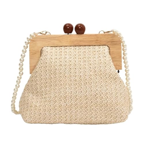 CVZQTE Strandtasche aus gewebtem Stroh für Damen mit Perlenkette, Holz-Kussverschluss-Clip, Umhängetasche, elegante kleine Umhängetasche für den Urlaub von CVZQTE