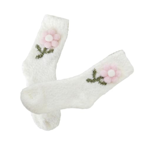 Japanische Damen-Socken, niedlich, 3D-Plüsch, Blume, flauschig, Winter, warm, weich, Korallen-Fleece, Schlafsocken, Thermo-Socken für den Innenbereich, beige, Einheitsgröße von CVZQTE
