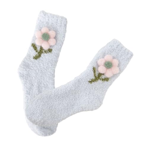 Japanische Damen-Socken, niedlich, 3D-Plüsch, Blume, flauschig, Winter, warm, weich, Korallen-Fleece, Schlafsocken, Thermo-Socken für den Innenbereich, blau, Einheitsgröße von CVZQTE