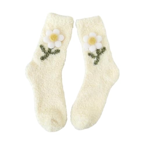 Japanische Damen-Socken, niedlich, 3D-Plüsch, Blume, flauschig, Winter, warm, weich, Korallen-Fleece, Schlafsocken, Thermo-Socken für den Innenbereich, gelb, Einheitsgröße von CVZQTE