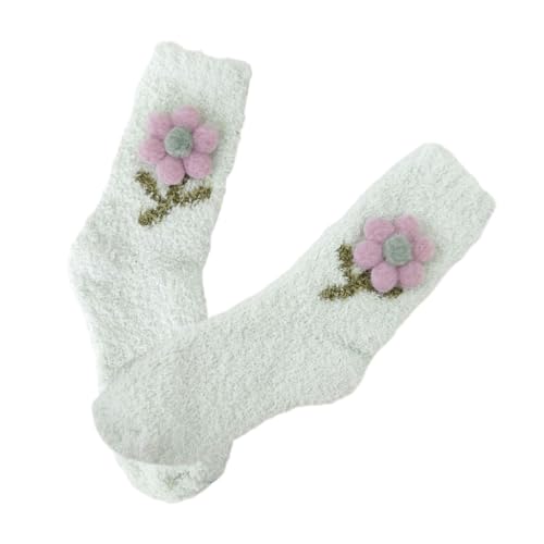 Japanische Damen-Socken, niedlich, 3D-Plüsch, Blume, flauschig, Winter, warm, weich, Korallen-Fleece, Schlafsocken, Thermo-Socken für den Innenbereich, grün, Einheitsgröße von CVZQTE