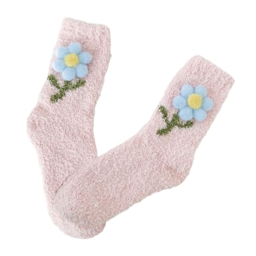Japanische Damen-Socken, niedlich, 3D-Plüsch, Blume, flauschig, Winter, warm, weich, Korallen-Fleece, Schlafsocken, Thermo-Socken für den Innenbereich, rose, Einheitsgröße von CVZQTE