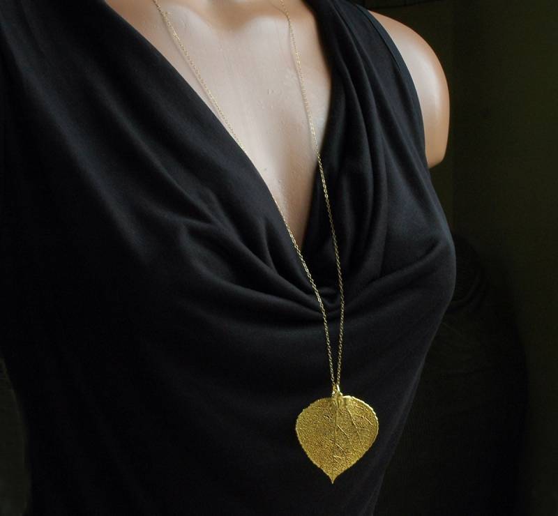 Echtes Blatt Halskette, Lange Kette Gold Anhänger, Anhänger Natur Schmuck, Sterling Silber, 14K Fill von CVennell