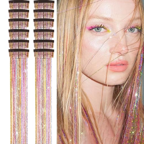 12 Clip-in-Haar-Lametta-Set, 20,5 Zoll glitzernde, hitzebeständige Haar-Lametta-Verlängerungen, Feenhaar mit Clips, glitzernde Strähnen, Party-Haar-Accessoires für Frauen und Mädchen (Star Gold) von CWAWF