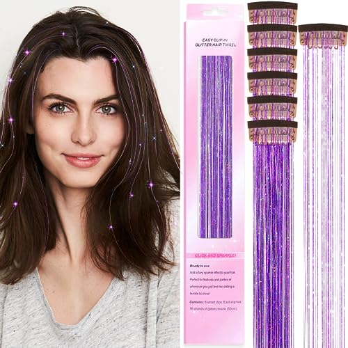 Clip in Hair Tinsel Kit, 6 Stück 20 Zoll hitzebeständige glitzernde Feenhaar-Lametta-Clip-in-Extensions, glänzend funkelnde Haar-Accessoires für Frauen, Mädchen, Kinder (Clip-Lila) von CWAWF