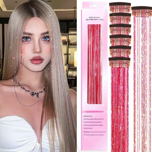 Clip in Hair Tinsel Kit, 6 Stück 20 Zoll hitzebeständige glitzernde Feenhaar-Lametta-Clip-in-Extensions, glänzend funkelnde Haar-Accessoires für Frauen, Mädchen, Kinder (Clip-Rot) von CWAWF