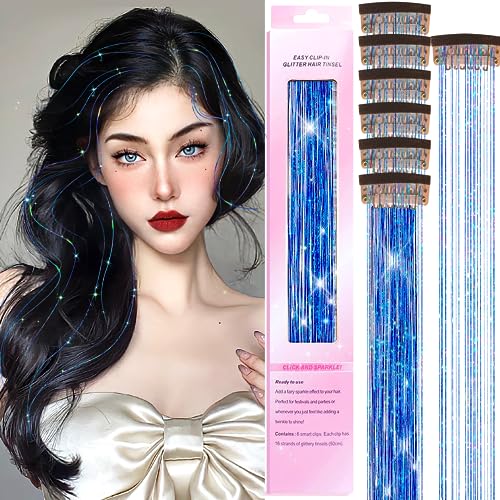 Clip in Hair Tinsel Kit, 6 Stück 20 Zoll hitzebeständige glitzernde Feenhaar-Lametta-Clip-in-Extensions, glänzend funkelnde Haar-Accessoires für Frauen, Mädchen, Kinder (Clip-Schatz Blau) von CWAWF