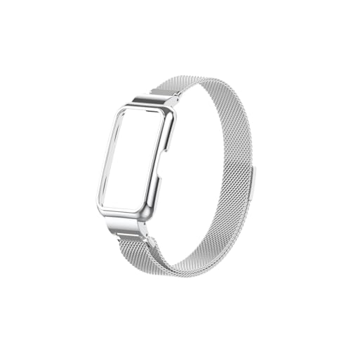 Modische Uhrenarmbänder, Milan-Armband passend for Huawei Band 9 8 7 mit Metallschutzhülle, Bumper-Loop-Armband for Huawei Band 9 8 Watch(Silvery,For Huawei Band 7) von CWCWC