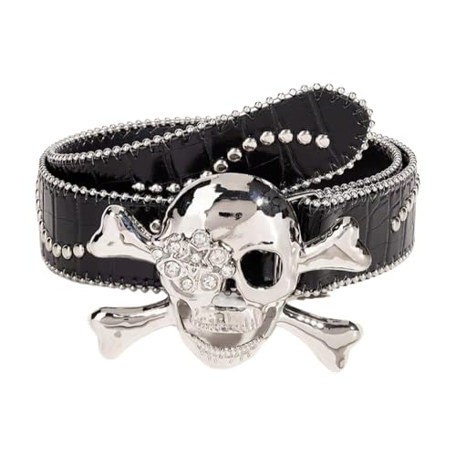 CWCYYDSYY Nietengürtel Y2K Punk Hip Hop Kunstleder Ösen Gürtel für Halloween Cosplay, Schwarz-Schädel-3, L von CWCYYDSYY