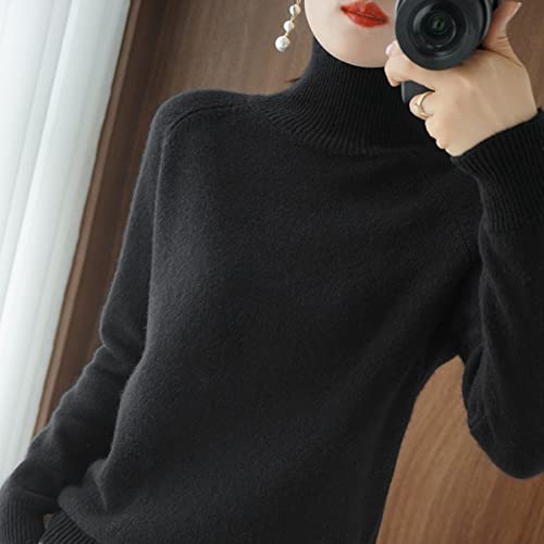 CWENROU Pullover Für Damen,Damen Rollkragen Kaschmir Pullover, Langärmeliger Lässiger Lockerer Pullover, Hält Warm Im Herbst Und Winter Einfarbiger Dehnbarer Street Fashion Strickpullover,Schwarz,S von CWENROU