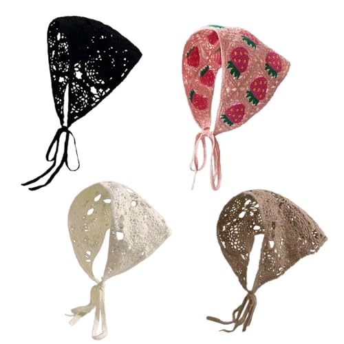 4 Stück Gestricktes Dreieckskopftuch, Einfarbiges, Vielseitiges Dreieckskopftuch, Hohl Gestricktes Kopftuch, Kopftuch Mit Erdbeerdruck, Häkelkopftuch, Damenmode-Kopfbedeckung von CWPFVQA