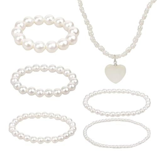 5 Stück Perlenarmbänder, 1 Stück Perlenkette, Elastisches Armband Aus Imitationsperlen, Temperament-Perlenarmband, Mehrschichtiges Armband, Damen- Und Mädchenschmuck von CWPFVQA