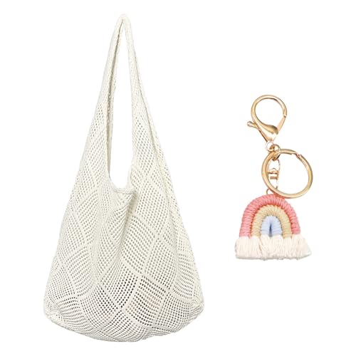 CWPFVQA 1 Strand-Netztasche, 1 Anhänger, Damen-Häkeltasche, Damen-Einkaufstasche, Reise-Netztasche von CWPFVQA