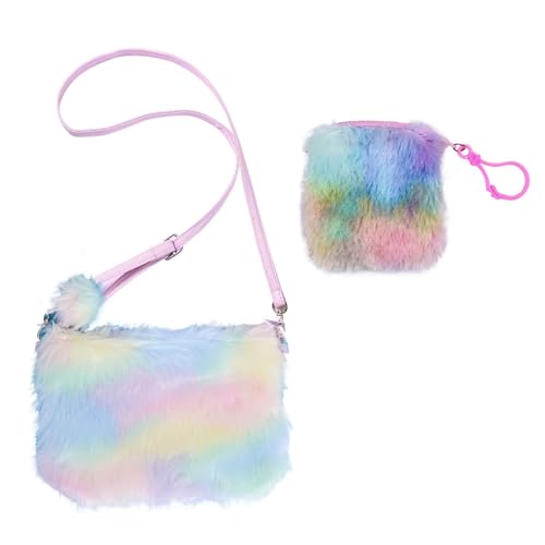 CWPFVQA 1 Umhängetasche Für Kinder, 1 Plüsch-Geldbörse, Regenbogentasche, Mädchenhandtasche, Kinder-Tragetasche, Handtaschen Für Teenager-Mädchen von CWPFVQA
