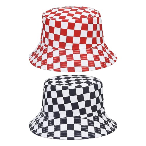 CWPFVQA 2 Hüte, Herren-Eimerhut, Schwarzer Eimerhut, Weißer Eimerhut, Tartan-Hut, Unisex Bedruckter Wende-Eimerhut, Strand-Sonnenhut von CWPFVQA