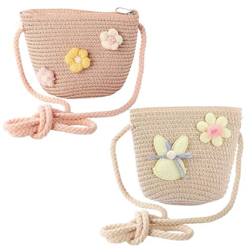 CWPFVQA 2 Stück Aus Stroh Gewebte Kleine Taschen, Leichte Kindertaschen, Süße Mädchentaschen, Mini-Umhängetaschen, Kleine Aufbewahrungstaschen Für Kinder, Gewebte Umhängetaschen von CWPFVQA