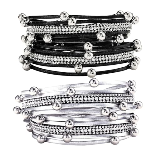CWPFVQA 2 Stück Mehrschichtige Lederarmbänder, Modische Personalisierte Armbänder, Magnetische Armbänder, Damen-Retro-Armbänder, Bekleidungszubehör (Schwarz, Silber) von CWPFVQA