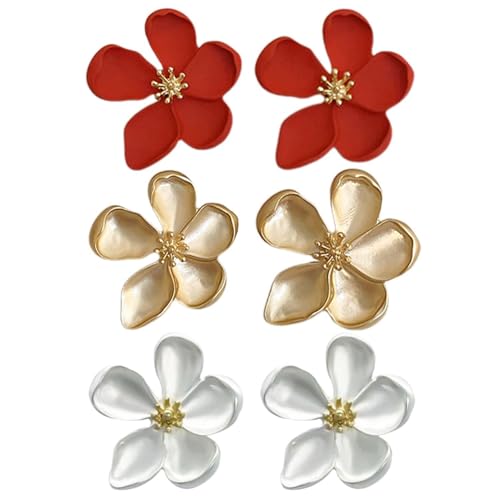 CWPFVQA 3 Paar Blumenohrringe, Fünfblättrige Blumenohrringe, Große Blumenohrringe, Modische Und Vielseitige Ohrringe, Abschlussballohrringe, Übertriebene Ohrringe, Elegante Ohrringe Für Frauen von CWPFVQA