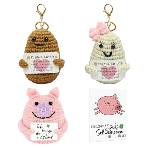 CWPFVQA 3 Stück Gestrickte Schlüsselanhänger, Kartoffel-Schlüsselanhänger, Lustige Schweine-Anhänger, Positive Kartoffel-Schlüsselanhänger, Lustige Und Positive Kartoffelpuppen von CWPFVQA