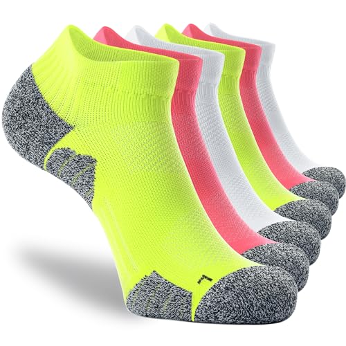 CWVLC Frauen Kurze Laufsocken 3-Paare, Damen Sneaker Socken, Bunte Stricknadeln Kompressionssocken für Fitness Laufen Joggen, Polsterung, Anti-Blasen Sportsocken, Lindgrün Wassermelonenrot Weiß, 43-45 von CWVLC