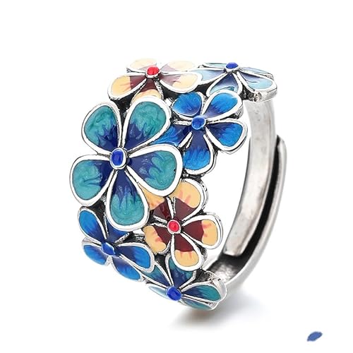 925 Sterling Silber Blumenmuster Emaille Statement Ring für Frauen Blau Blüte Blütenblatt Hochzeit Engagement Charm Classics Rings Cocktail Party Art Deco Stapelbar einstellbarer Ring, Ke-HR670-RS02 von CWZZWS
