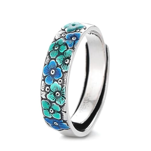 925 Sterling Silber Emaille Blumenmuster Ring für Frauen Glück breites Vintage Pflaumenblüten Sakura Statement Eternity Band Stapel einstellbare Öffnungsringe von CWZZWS