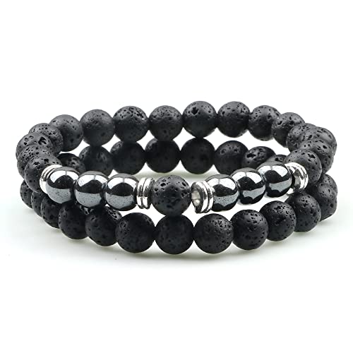CWZZWS 2pcs Männer Tiger Augensteinarmband Hämatit natürliche Lavabockperlen Strang Armbänder & Armreifen für Frauen Energie von CWZZWS