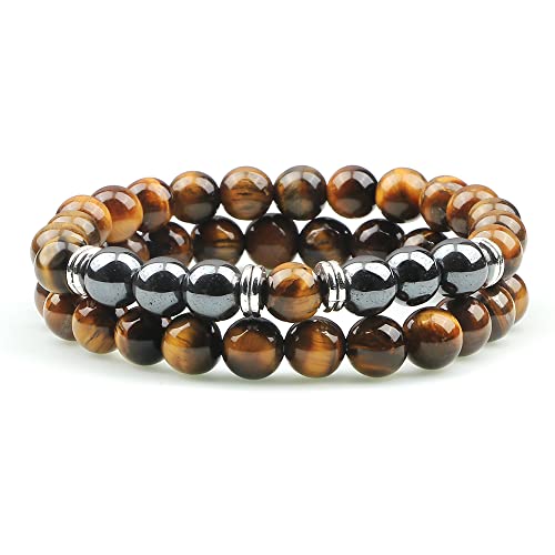 CWZZWS 2pcs Männer Tiger Augensteinarmband Hämatit natürliche Lavabockperlen Strang Armbänder & Armreifen für Frauen Energie von CWZZWS