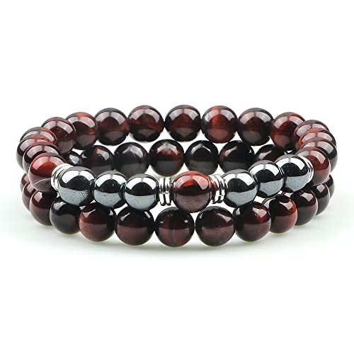 CWZZWS 2pcs Männer Tiger Augensteinarmband Hämatit natürliche Lavabockperlen Strang Armbänder & Armreifen für Frauen Energie von CWZZWS