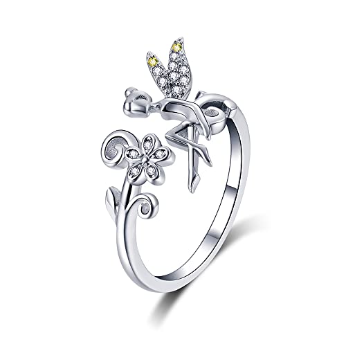 CWZZWS Blumenfee 925 Sterling Silber Ring für Frauen Mädchen süße gelbe klare Kristall Angel Flügel Statement Verstellbar Open Wrap Finger Ringe Komfort Pass von CWZZWS