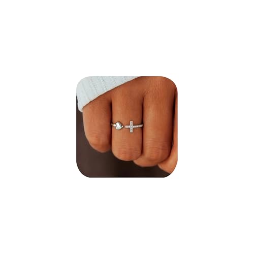 CWZZWS Kreuzringe für jugendliche Mädchen Silber/Gold Herz Ring Kubikzirkonia Anpassbare Ring Inspirierende Gebet Cross Herz Religiöser Glauben Schmuck Geschenke für sie (Gold) 10# von CWZZWS