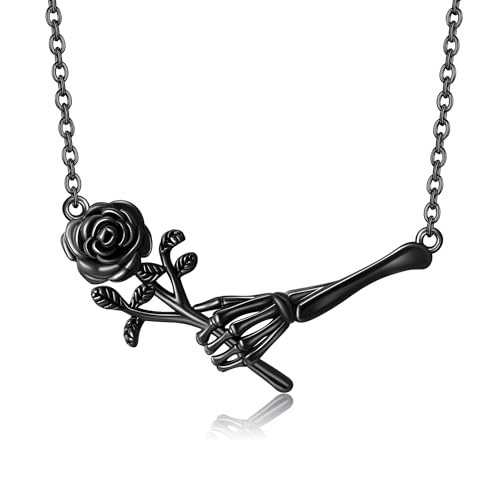 CWZZWS Mädchen Produkte Schwarze Rose Halskette 925 Sterling Silber Rose Schädel Anhänger Gothic Jewelry Geschenk für Frauen Geschenke von CWZZWS