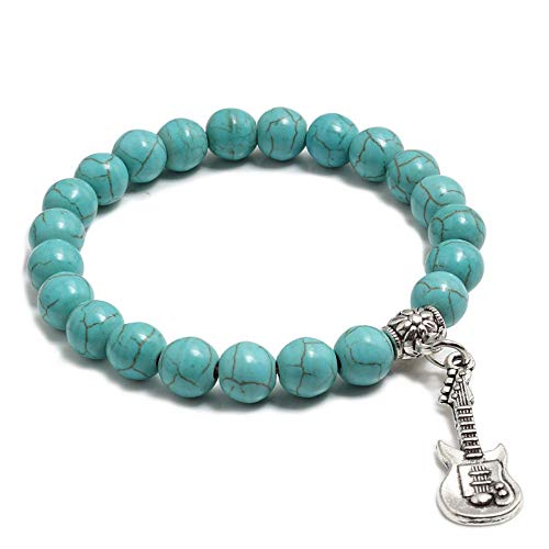 CWZZWS Mode natürliche Geige Anhänger 8mm Perlen Armband Lava türkis türkismänner Gebet Perlen Armband Schmuck Männer Frauen18cm Blau von CWZZWS