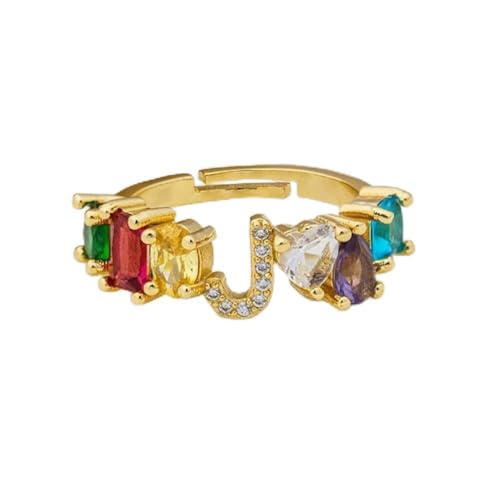 CWZZWS Offene Ringe für Frauen, Vintage einstellbare elegante böhmische Regenbogenzirkon -Initiale Alphabet J Goldene Ringe Romantische Schmuck Geschenk für Mädchen Frauen Paar Verlobungshochzeit von CWZZWS