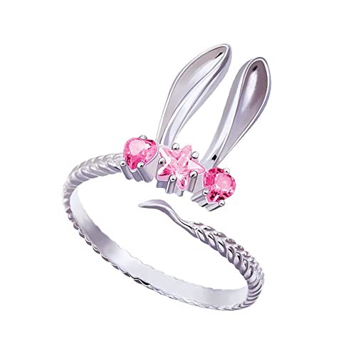 CWZZWS Pink Rabbit Statement Stapelring für Frauen versilberte Liebe Herzstar Kristall Zirkonia Tier Hasen Haustier Ohr Verstellbares Versprechen Offener Wickelfinger Ringe Komfort Fit Ostern von CWZZWS