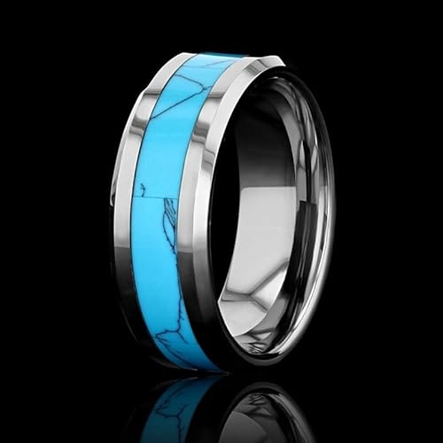 CWZZWS Silberringe 8mm Fashion Ring Inlay Turquoise Männer Hochzeitsband Hochzeit Verlobungsringe Silberringe für Frauen (Farbe: Silber, Größe: 10) von CWZZWS