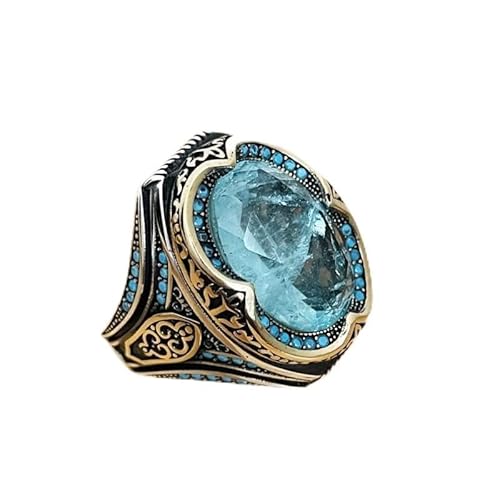 CWZZWS Silberringe Metallhandwerksmann graviertes Signet Ring Eingelegtes Meerblau Zirkon Männer Business Punk Biker Ring Silberringe für Frauen (Farbe: Silber, Größe: 10) von CWZZWS