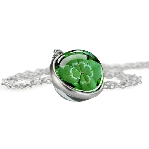 Girl Products 925 Sterling Silver St. Patricks Day Halsketten für Frauen und Männer, Vierblattklee Glas Dome Halskette St. Patrick Day Grüne Halskette, St. Patricks Day Perlen Bulk, grüne Perlen von CWZZWS
