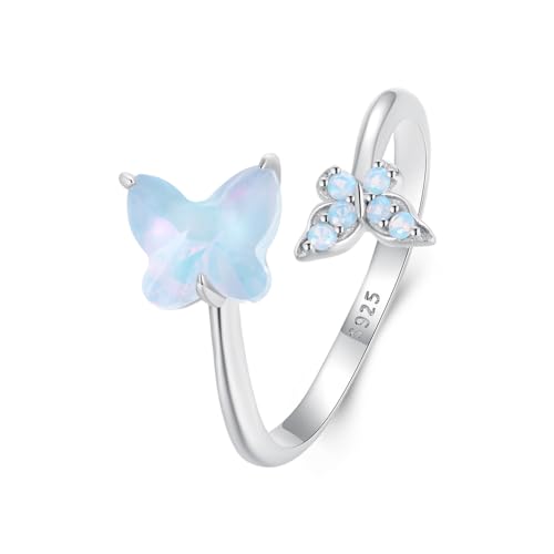 Opal Butterfly Verstellbarer Open Wrap Ring 925 Sterling Silber Weiß Gold plattiert Stapel Statement Blaue Hochzeitsfinger Ringe für Frauen modische Komfort Fit Weihnachten Valentinstag Schmuck von CWZZWS